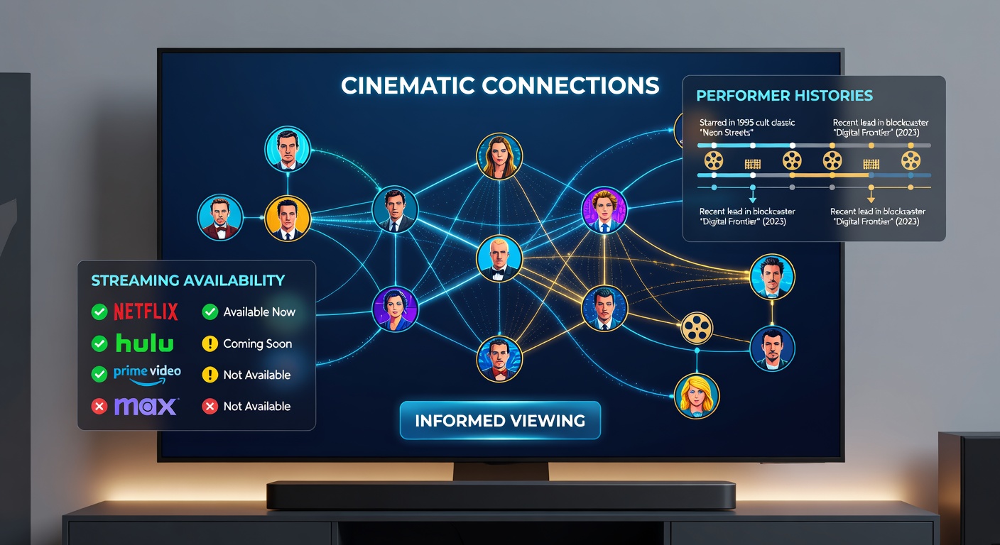 Screenshot-style view of a streaming interface displaying performer filmography cards alongside real-time availability indicators for multiple regions