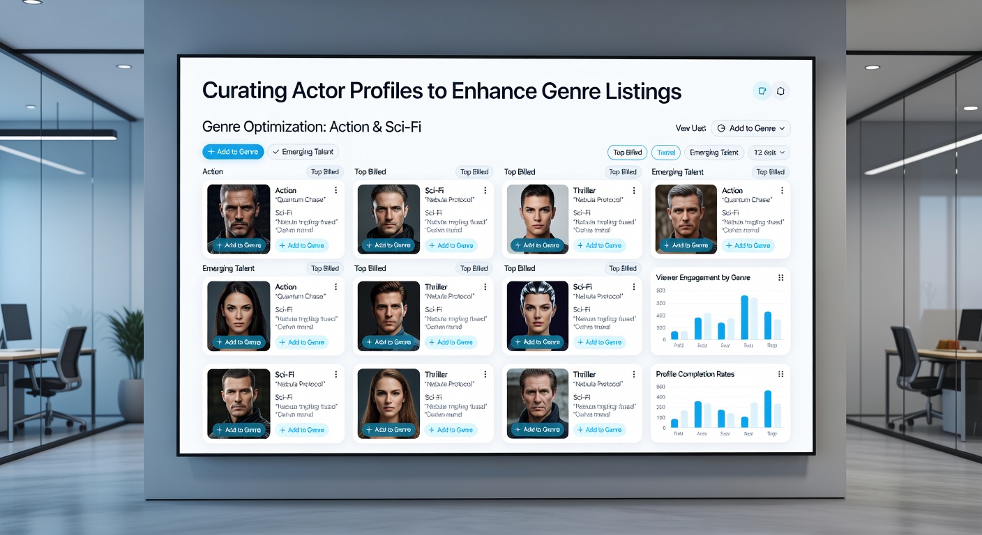 Data visualization dashboard displaying connections between actor profiles and genre categories on a streaming service