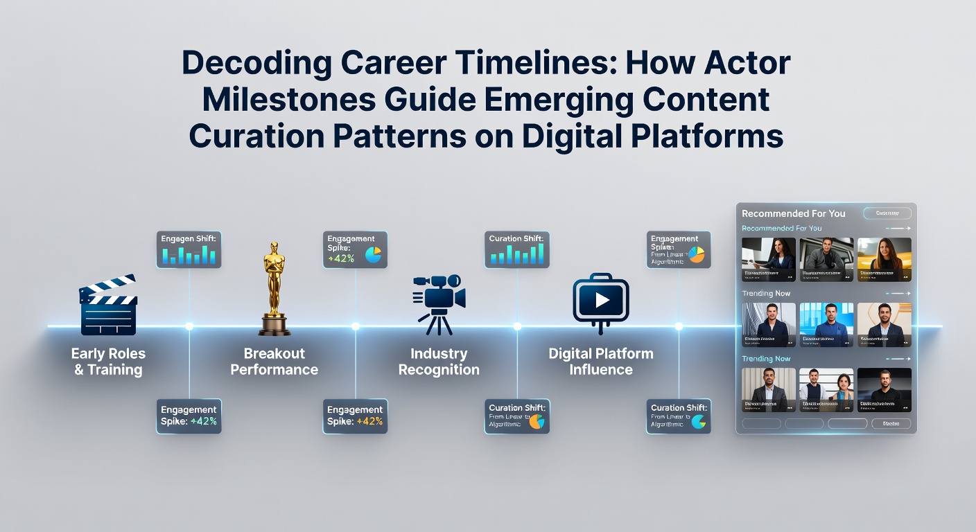 Visual representation of actor career timelines intersecting with digital platform recommendation algorithms