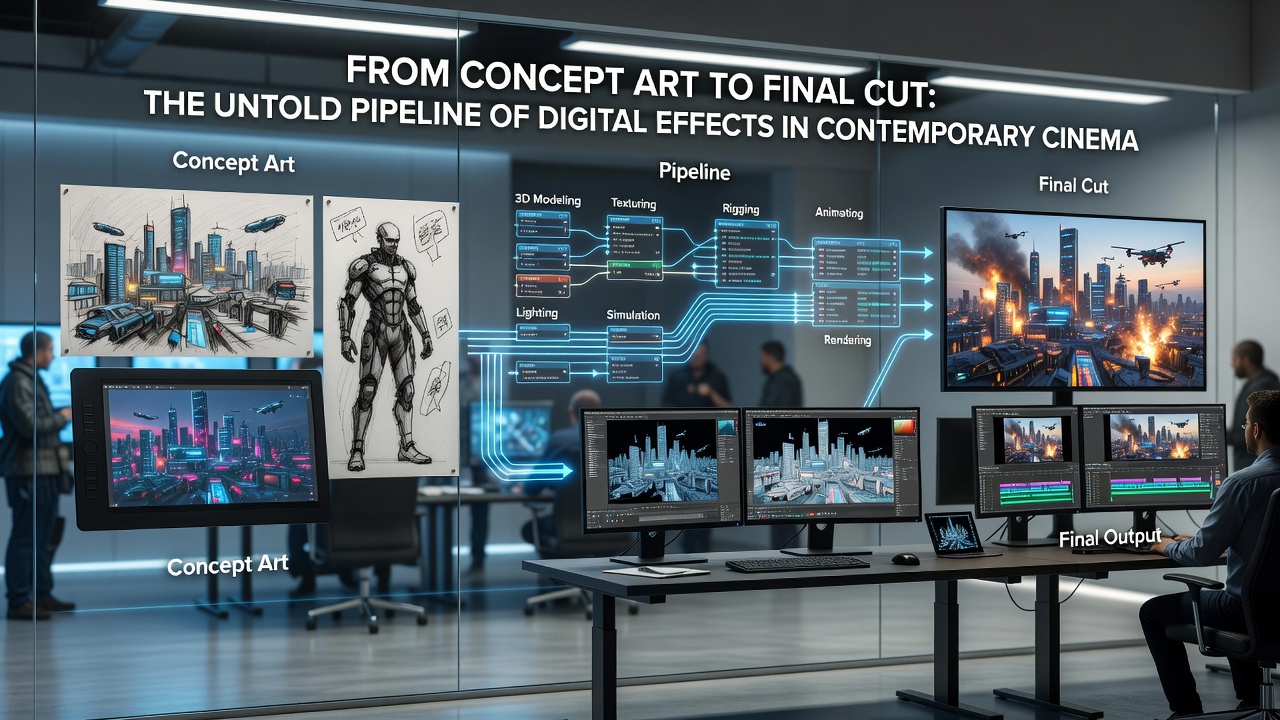 VFX artists working on compositing and lighting passes in a post-production studio