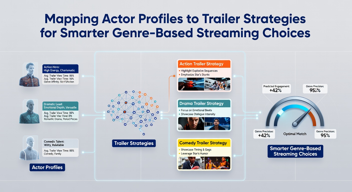 Visual representation of actor profile mapping connecting performer analytics to trailer creation processes for streaming recommendations