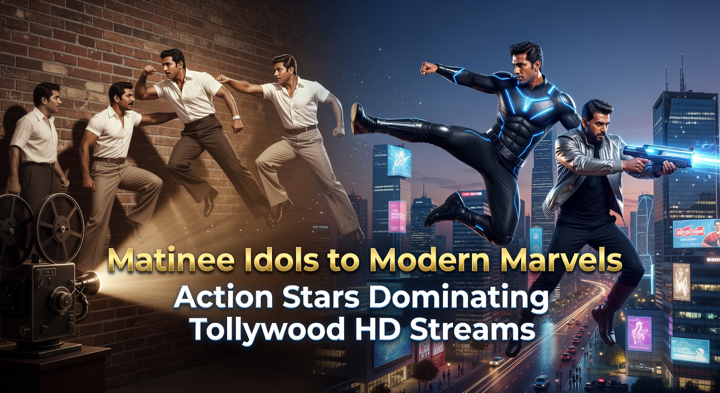 Vintage Tollywood matinee idol in dramatic pose transitioning to modern action hero on streaming screen
