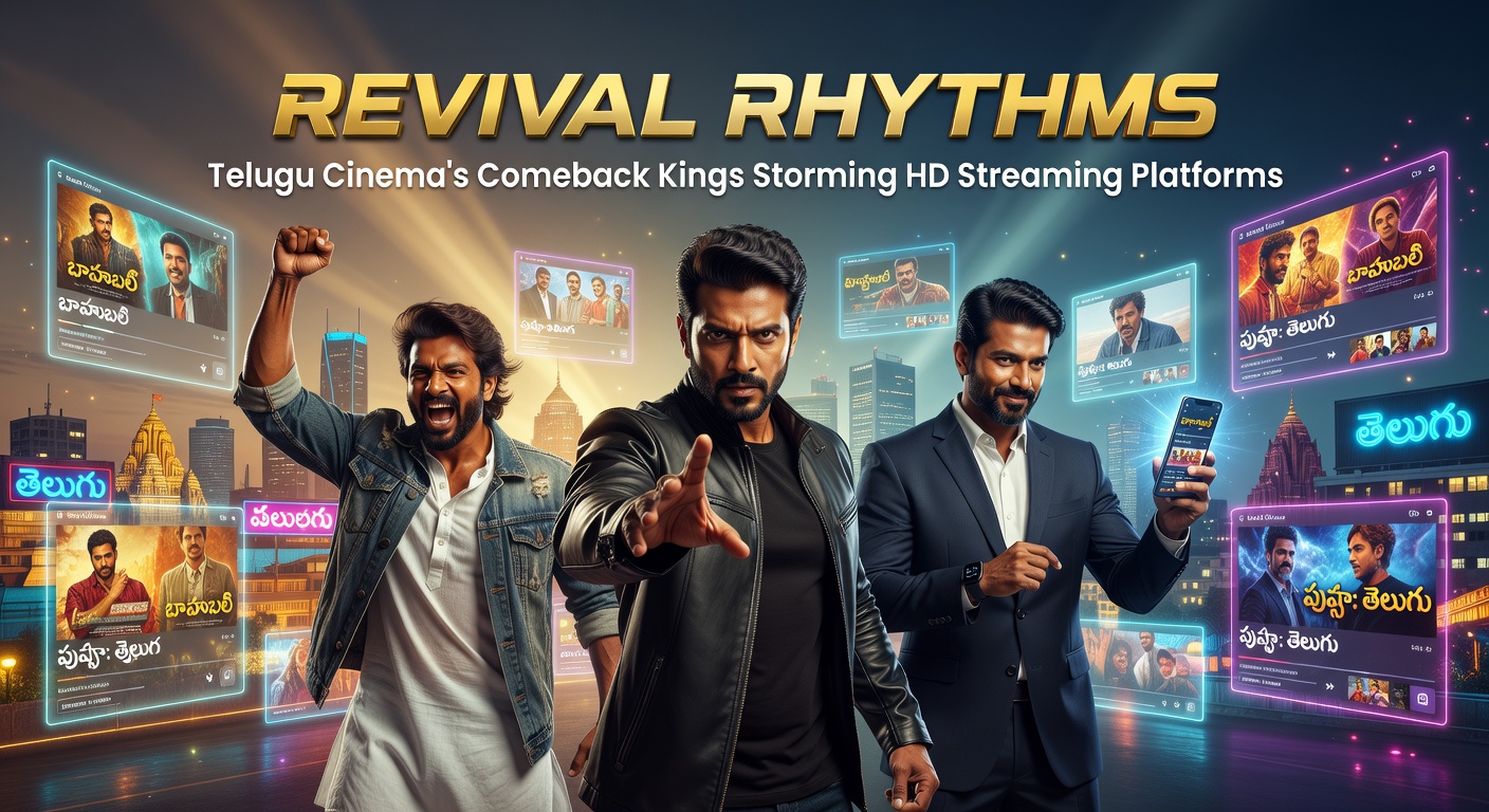 Vibrant poster from a classic Telugu film now streaming in crisp HD, showcasing heroes in dynamic action poses against a backdrop of traditional Telugu motifs