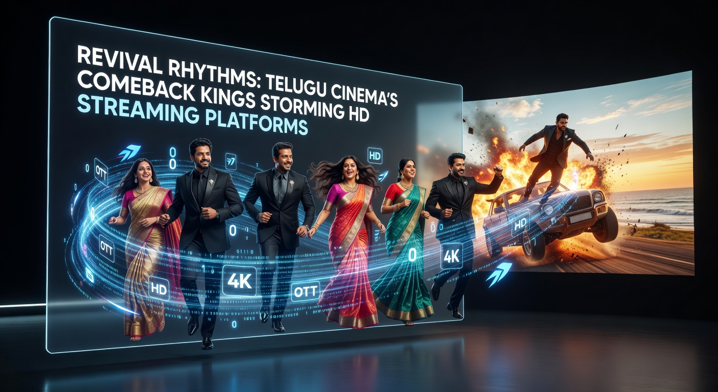 Screenshots of Telugu films trending on various HD streaming apps, highlighting play buttons, viewer ratings, and global watch maps