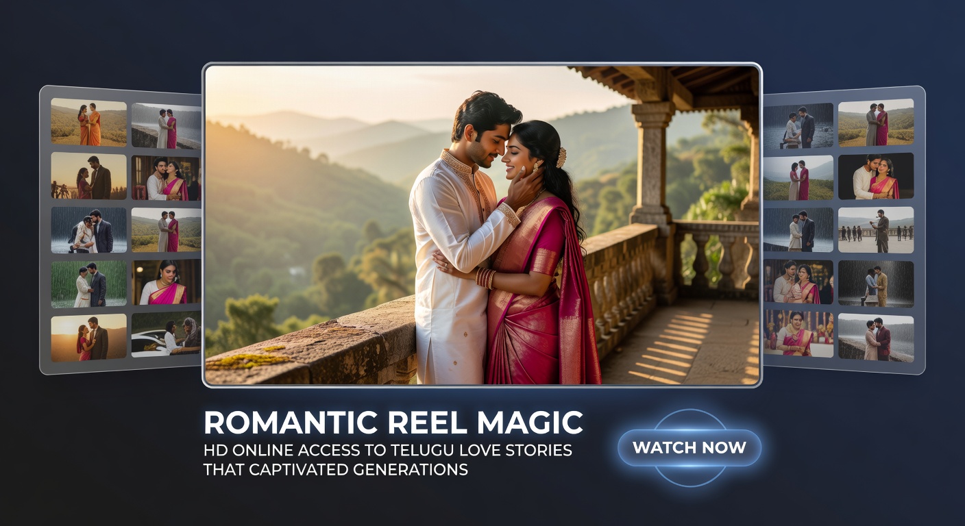 Screenshots from HD streams of Telugu romantic classics, showing couples dancing in rain-soaked scenes and emotional dialogues, with modern player controls overlay