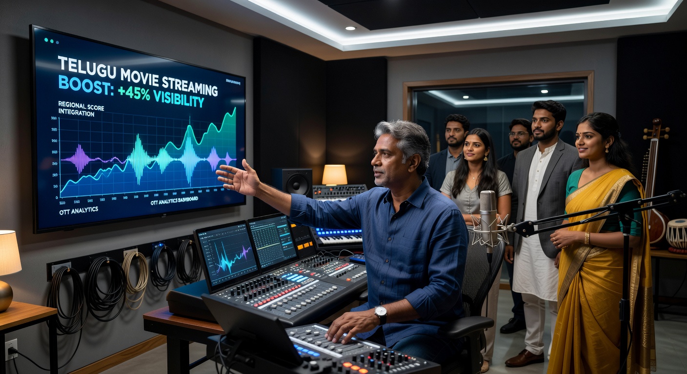 Regional music composers collaborating on Telugu film soundtracks in a studio setting