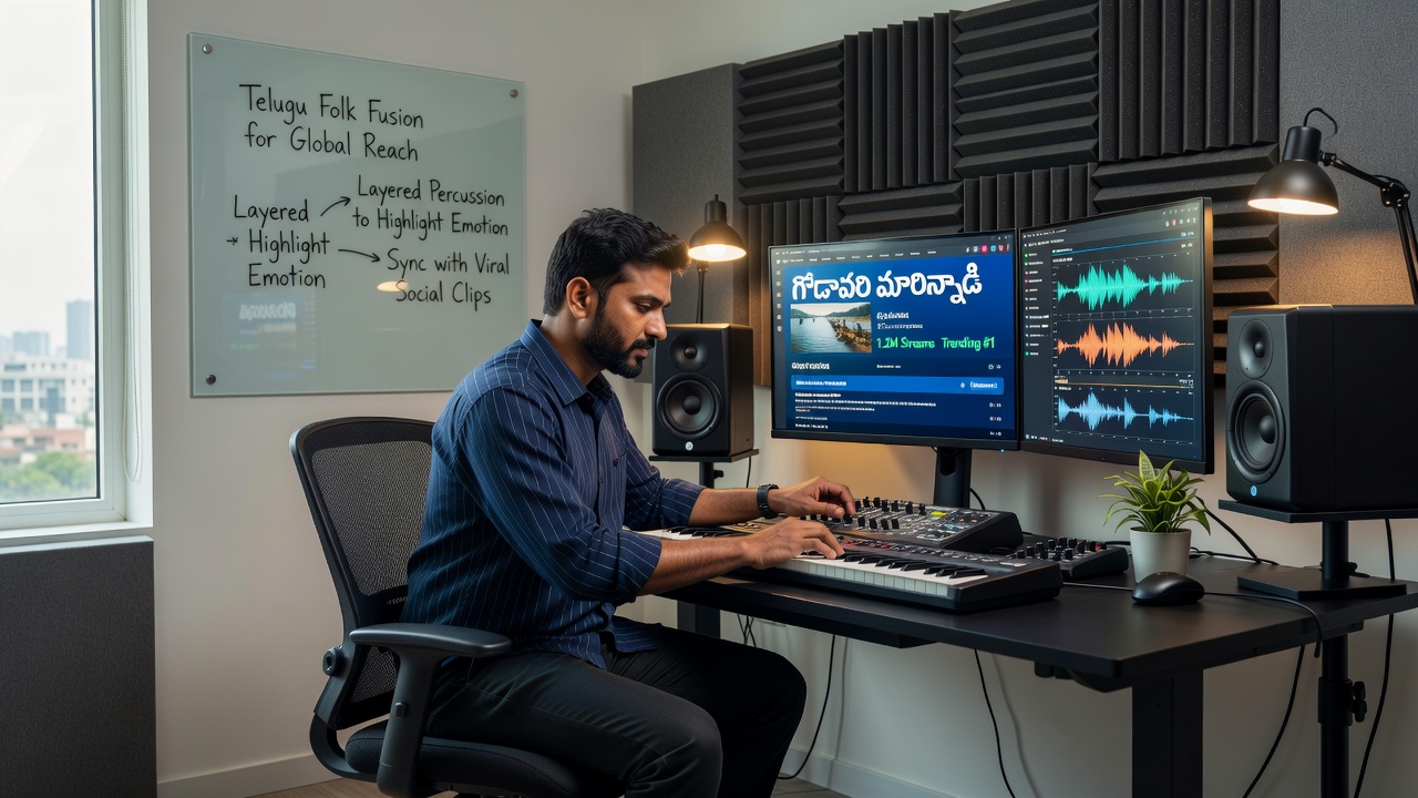 Telugu film music composer reviewing tracks with directors and sound engineers
