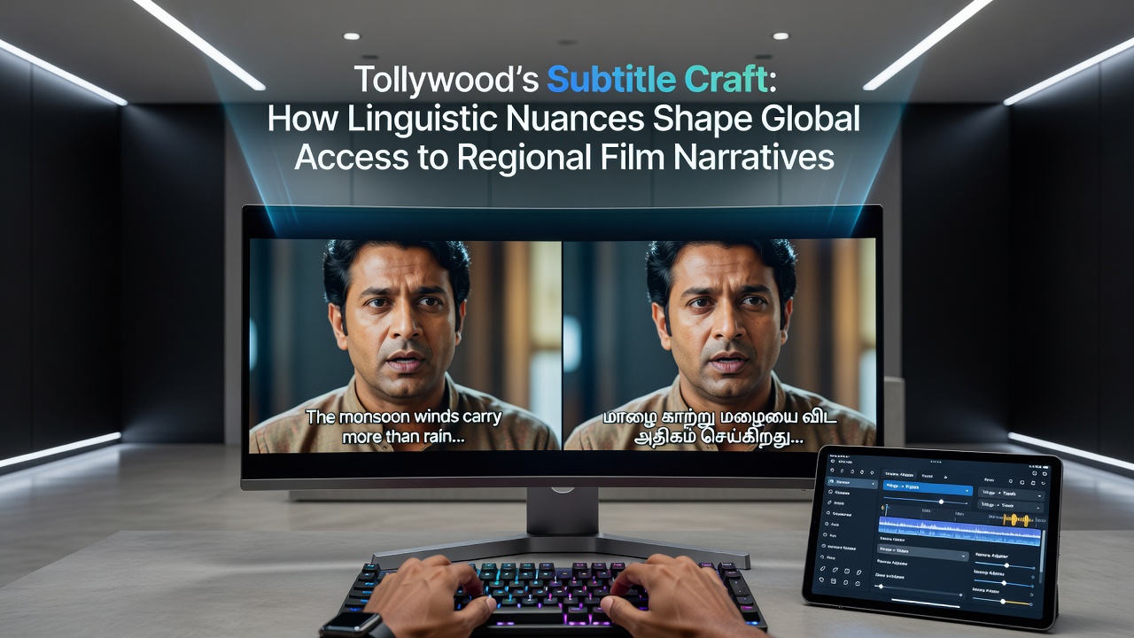 Tollywood film subtitling team reviewing Telugu dialogue translations for international release