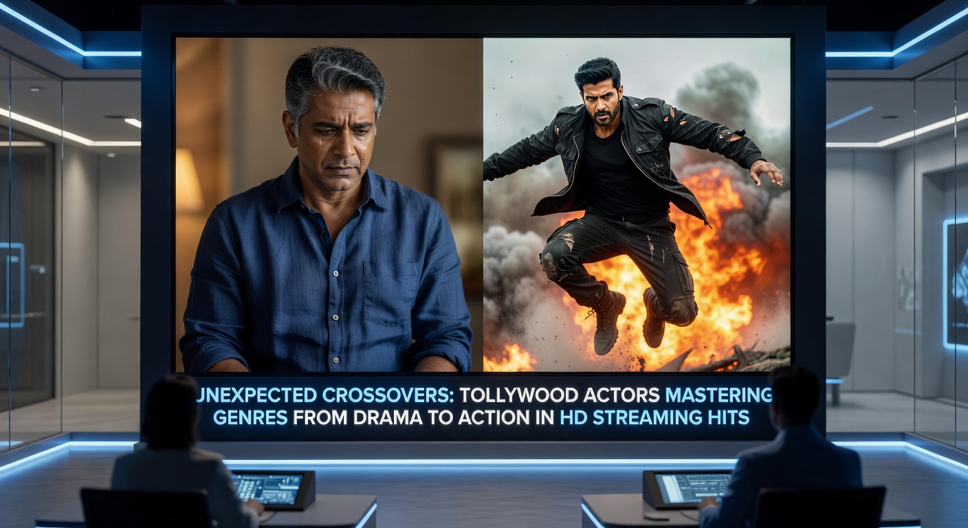 Tollywood actor in intense action scene transitioning from dramatic role, highlighting genre mastery in HD streaming