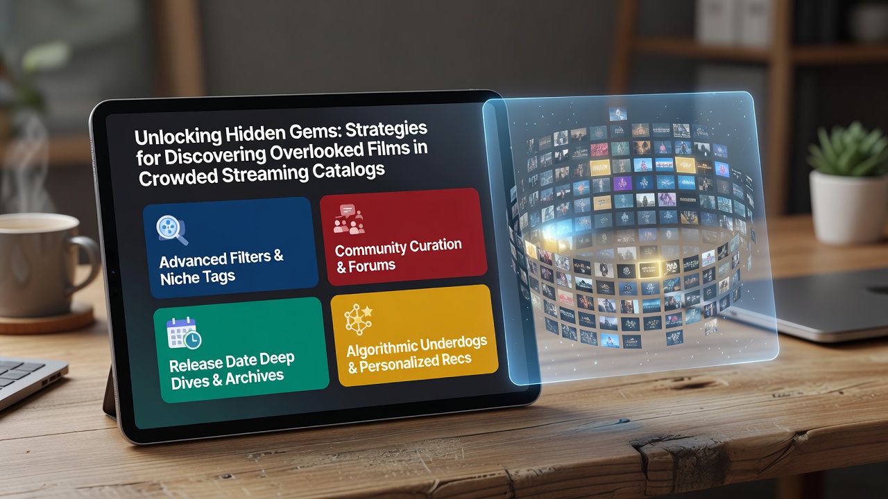 Close-up of a tablet screen showing a streaming app with curated film categories and search filters applied to find independent movies